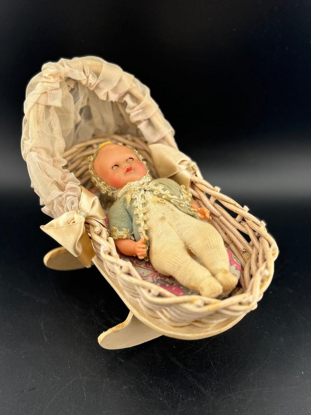 Antique Miniature Baby Doll in Cradle